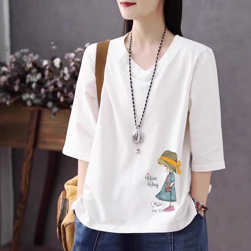 Solid Color Cotton Short-Sleeved T-Shirt for Women 2026 Summer New Style Casual Fashion Versatile Cotton Cartoon Three-Quarter Sleeve Bottoming Shirt A3489