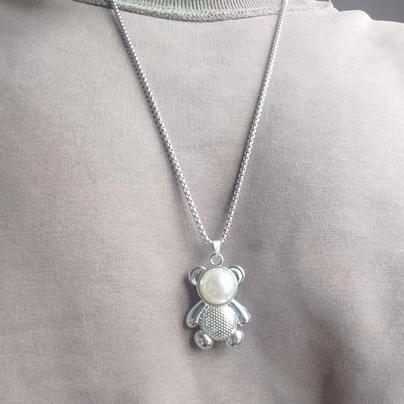 New Pearl Bear Necklace Hip Hop Fashion Couple Pendant Versatile Sweater Chain_voghion.com