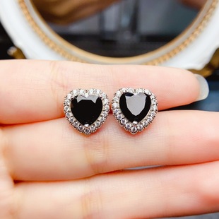 New natural black sharp crystal earrings S925 silver inlaid main stone 8*8mm Joker net red explosions women's jewelry wholesale