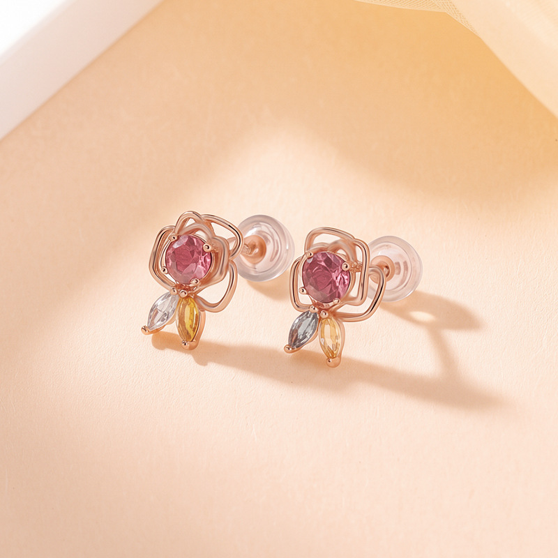 Bông tai bạc S925 mạ vàng hồng đính đá tourmaline hình hoa hồng nhỏ xinh — Một đôi