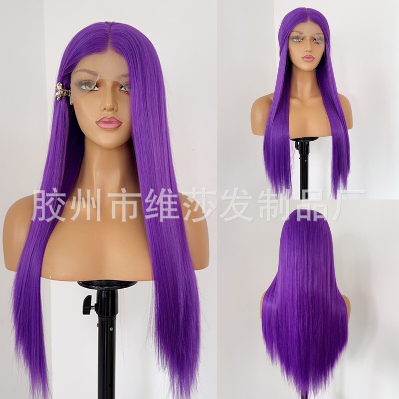 Foreign Trade Export Anime Cos Wig Purple Long Straight Hair Hand Hook Front Lace Chemical Fiber Wig Headgear Ladies Manufacturer