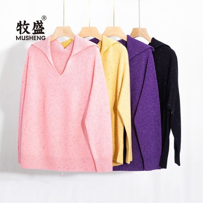 88061 Thick 100% Wool Knitted Color Dot Yarn Autumn/Winter Navy Collar Pullover Drop Shoulder Sleeve Loose Fit Live Streaming Sweater