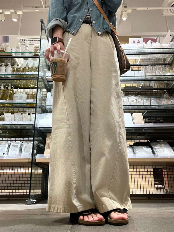 美式复古卡其色弯刀镰刀裤女春秋2025新款宽松显瘦阔腿裤拖地裤子|undefined