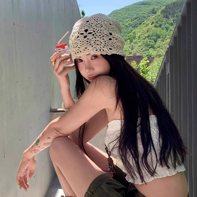 日系手工编织包头帽子女春秋薄款镂空毛线帽复古文艺针织帽堆堆帽|undefined