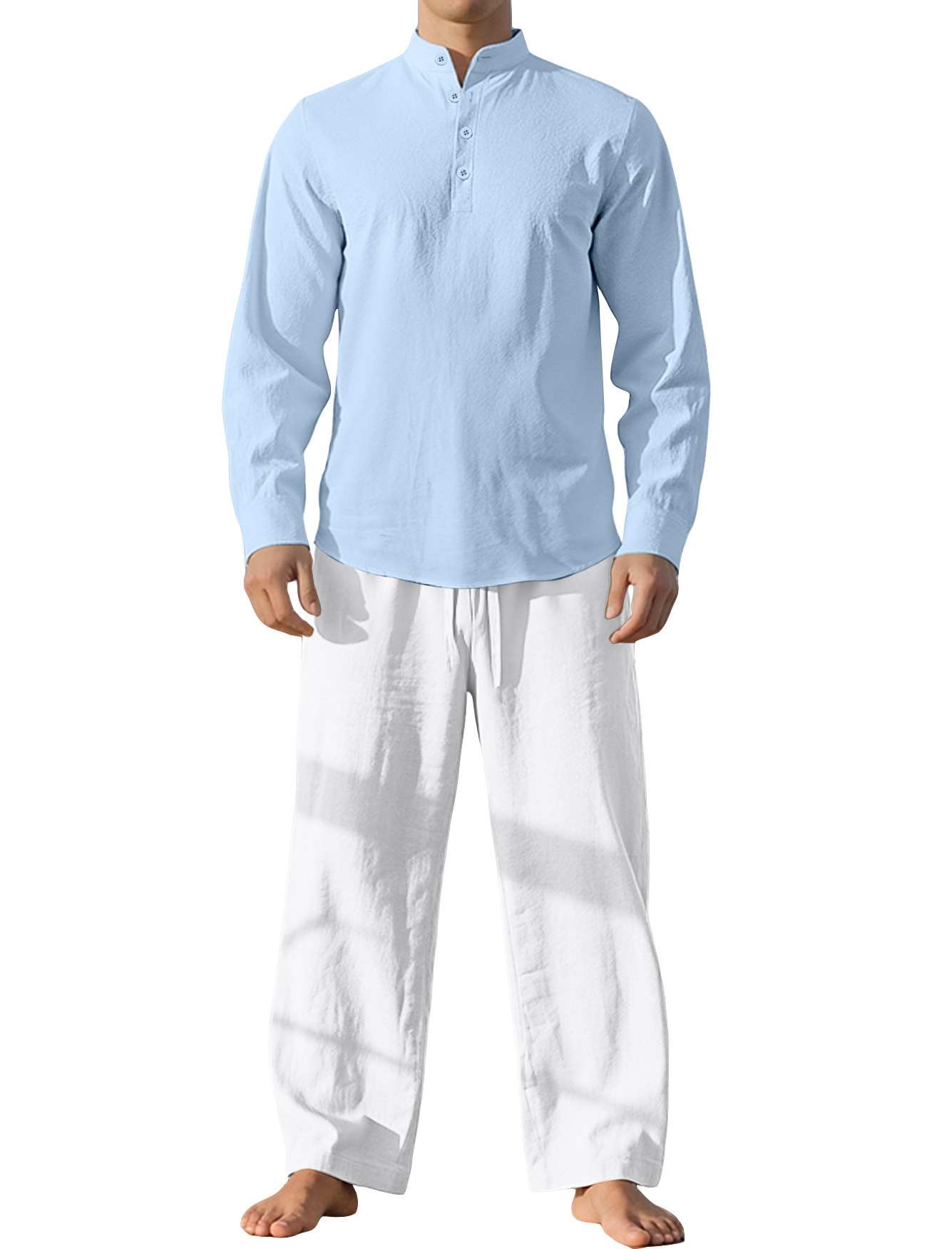 Nuevo transfronterizo Europa y América primavera y otoño delgada camisa de mangas largas deportiva de cuello vertical camisa de color sólido de algodón y lino para hombres