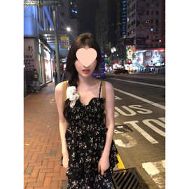 柚子琪黑色碎花连衣裙女高级感气质茶歇裙开叉吊带裙长裙