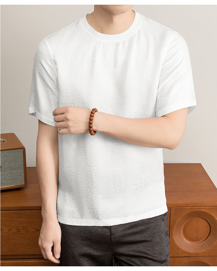 Áo thun nam tay ngắn lụa jacquard Mulberry mỏng nhẹ mùa hè — Trắng 8876 chi tiết 12