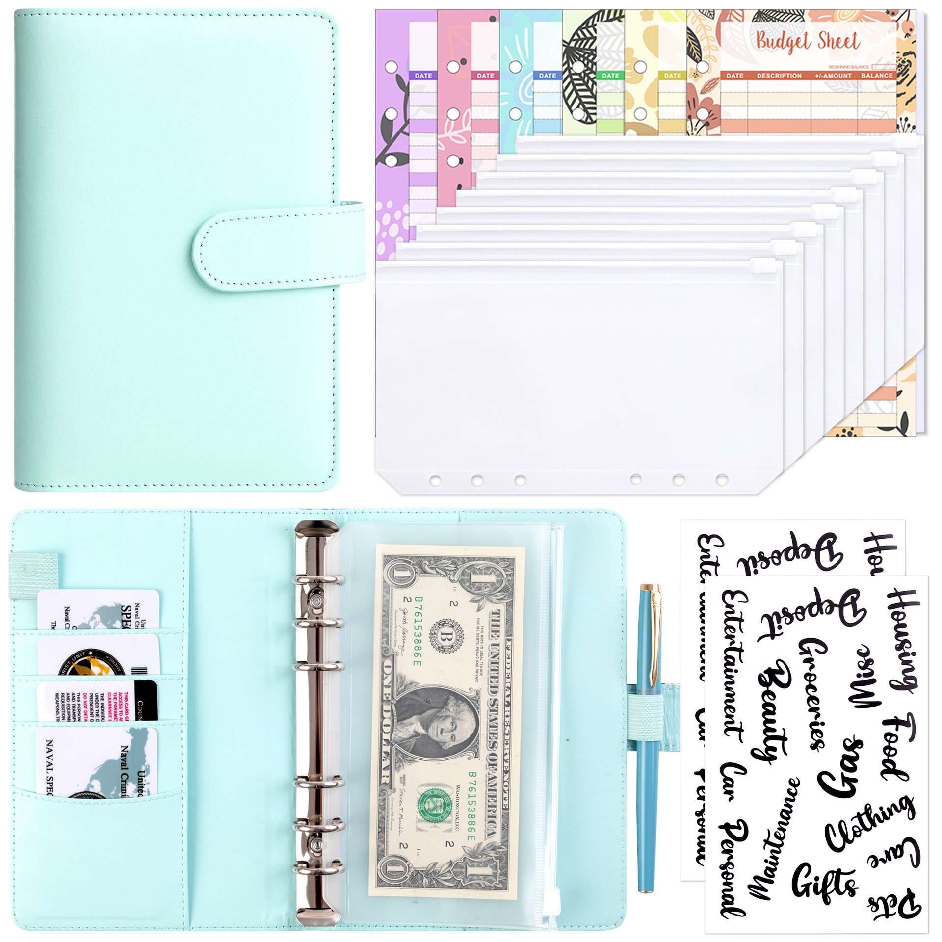 Presupuesto transfronterizo Cash Clip de hojas sueltas Bolsa con cremallera Sobres Libro de cuentas A6 Macarons PU Cuaderno de hojas sueltas de cuero