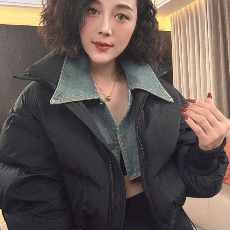 时尚休闲脱卸牛仔领羽绒棉服女2024冬季新款高级感洋气百搭棉衣潮
