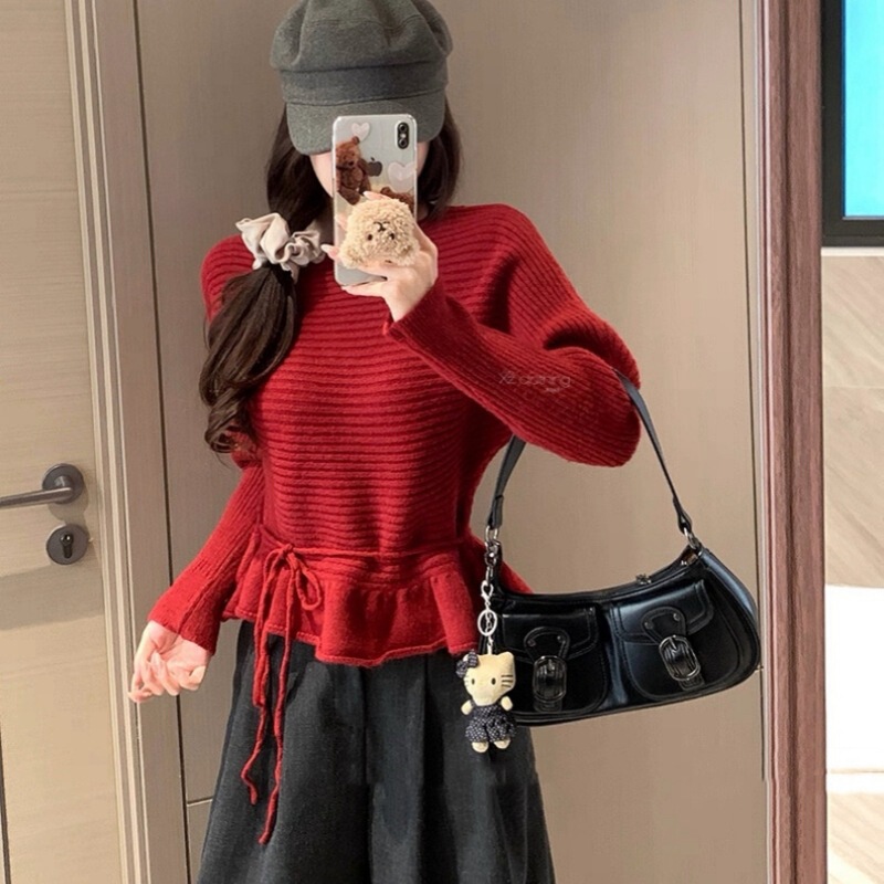 Korean Style Lazy Style Lace-Up Waist-Cinching Knit Sweater for Women, New Winter Fashion, Stylish and Slimming Loose Sweater for Outerwear Korean Style Lazy Style Lace-Up Waist-Cinching Knit Sweater for Women, New Winter Fashion, Stylish and Slimming Loose Sweater for Outerwear