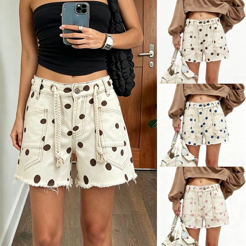 Cross-Border European and American Women's Polka Dot Eyelet Denim Shorts Amazon Foreign Trade Personalized Drawstring Decorative Women's Shorts Cross-Border European and American Women's Polka Dot Eyelet Denim Shorts Amazon Foreign Trade Personalized Drawstring Decorative Women's Shorts