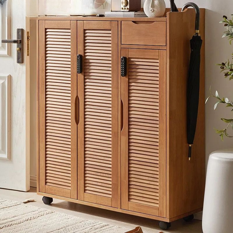 Lockable wooden shoe cabinet with wheels, multi-tiered and movable—ideal for home entryways, outdoor use, and as a secure shoe storage solution.