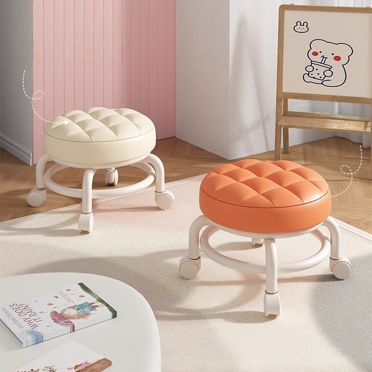 Swivel Small Stool for Home Use, Low Stool with Lumbar Support, Thickened Backrest, Small Chair with Wheels, Mobile for Long Sitting, Acrylic Wheels