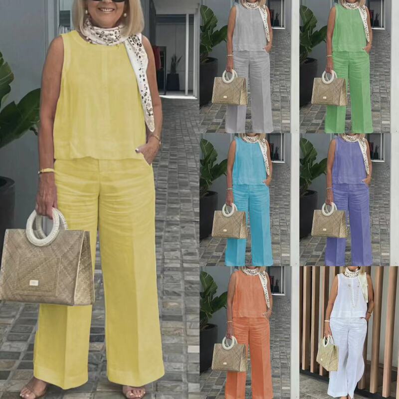 2024 New Summer Cross-Border Women's Clothing Amazon Cotton and Linen Suit European and American Sleeveless Top Wide-Leg Trousers Two-Piece Set