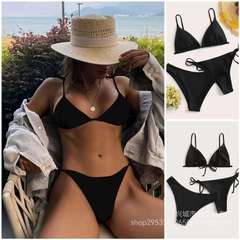 2023 New European and American Bikini Split Swimsuit Three-piece Set Black Solid Color Strappy Low Waist Split Swimsuit Wholesale
