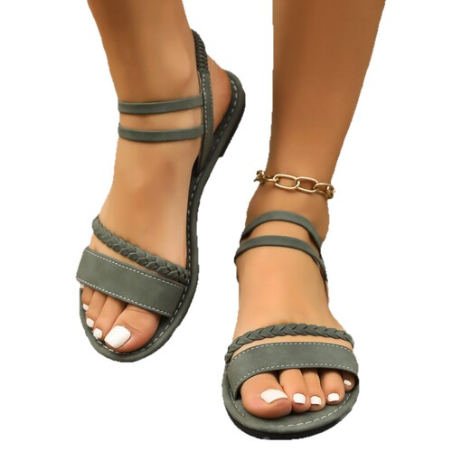 Cross-border foreign trade large size 2025 women's flat sandals summer new style woven belt elastic belt all-matching beach sandals