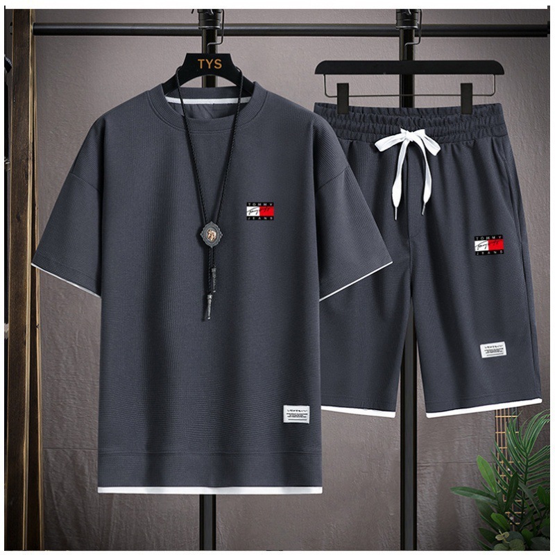 香港風ワッフルTシャツメンズフェイクツーピーススーツカップルルーズトレンド大きいサイズ5点パンツアウトドアレジャー|undefined