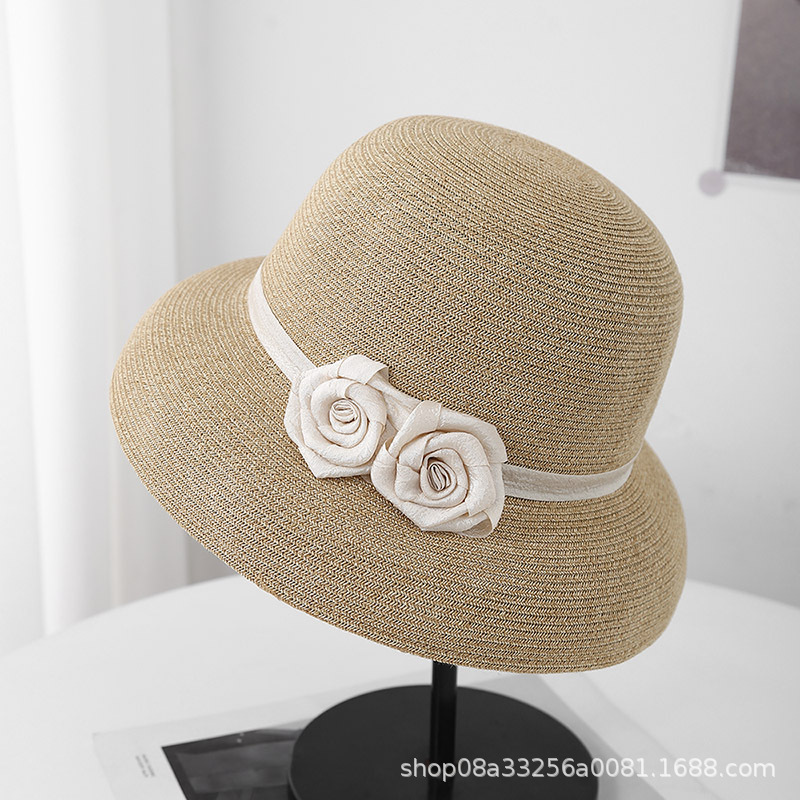 Mũ rơm vành rộng phong cách Hepburn hai hoa thanh lịch cho nữ — Màu be