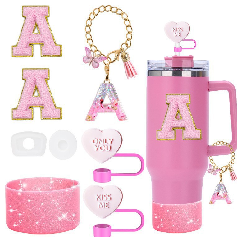 7pcs taza Stanley cuerda de mano colgante de silicona flor tapa de pajita bola de felpa colgante de copa cadena de taza de color