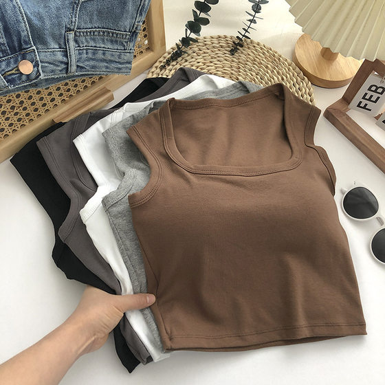 Sleeveless Square Collar Clavicle with Chest Pad Camisole Women's Korean-style All-match Front Shoulder Solid Color Strapless Bottoming Top for Women