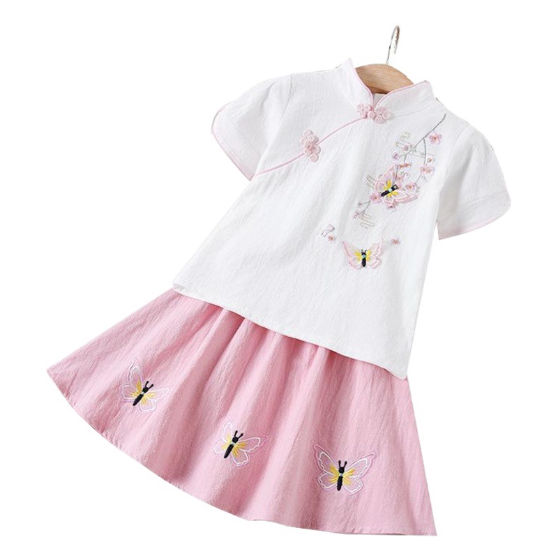 Girls Hanfu summer new small and medium-sized children's short sleeve skirt with bag baby Summer with bag skirt wholesale