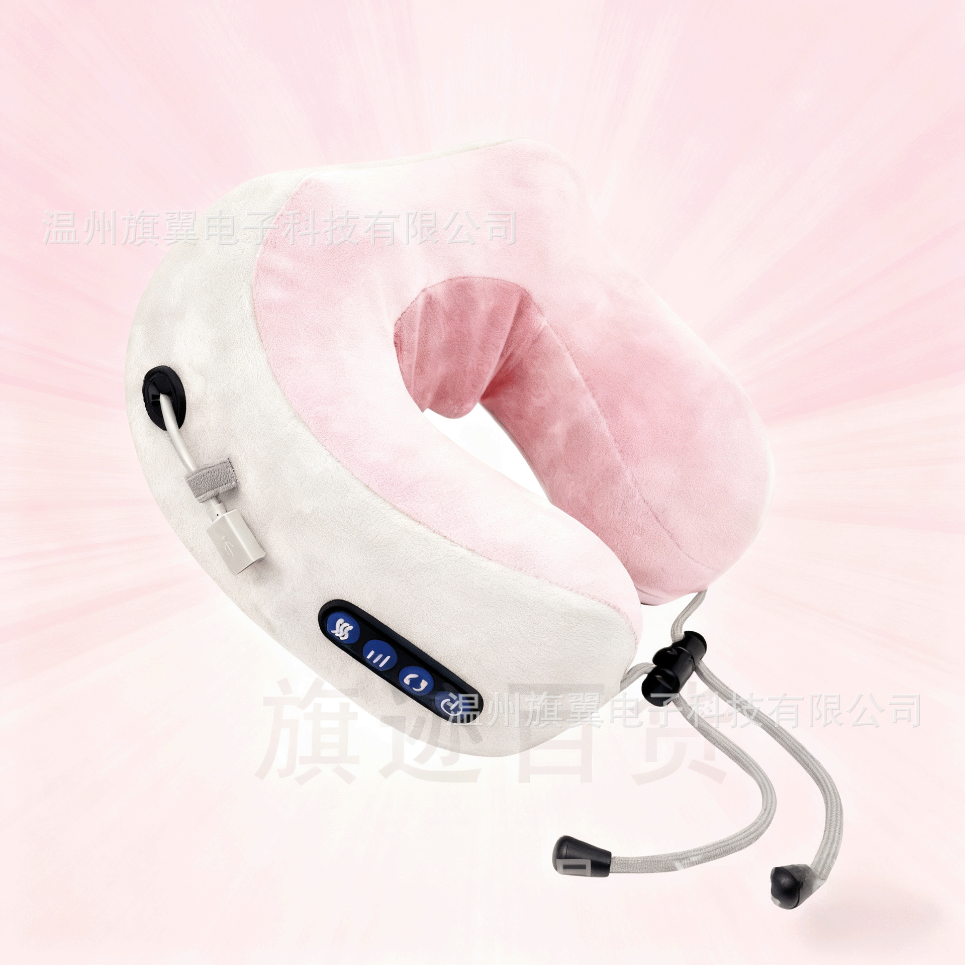 almohada de masaje en forma de U, cuatro botones, almohada de masaje cervical de control inteligente rosa