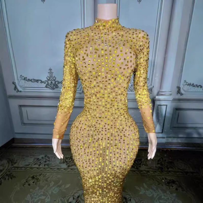 Luxurious and Noble Yellow Diamond Dress Cross-Border Party Beauty Pageant Nightclub Bar Evening Dress Color Blue