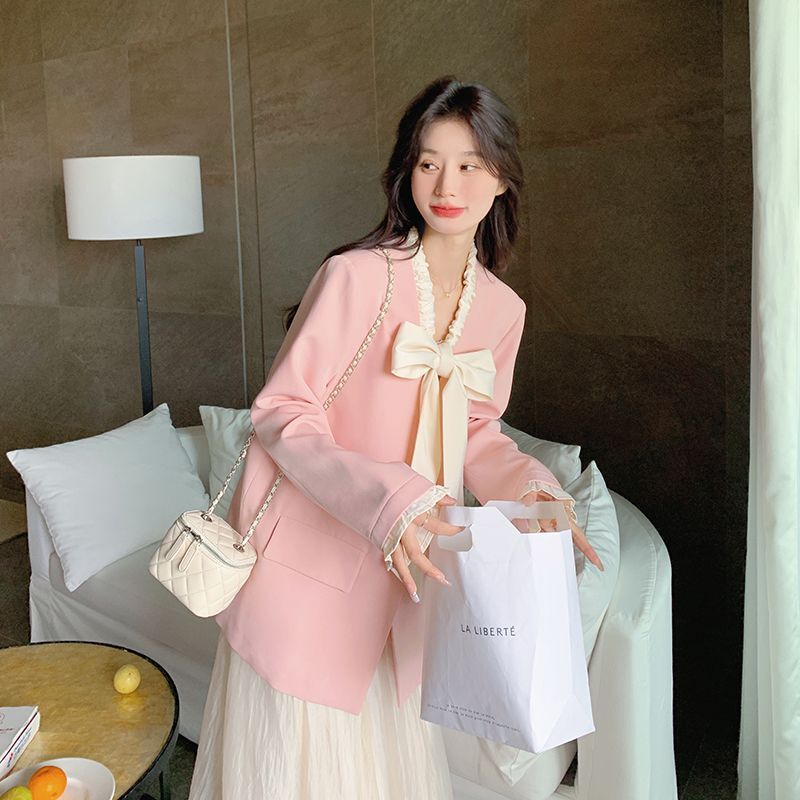 粉色蝴蝶结西装外套女早春2025新款韩系设计感时尚休闲气质小西服|undefined
