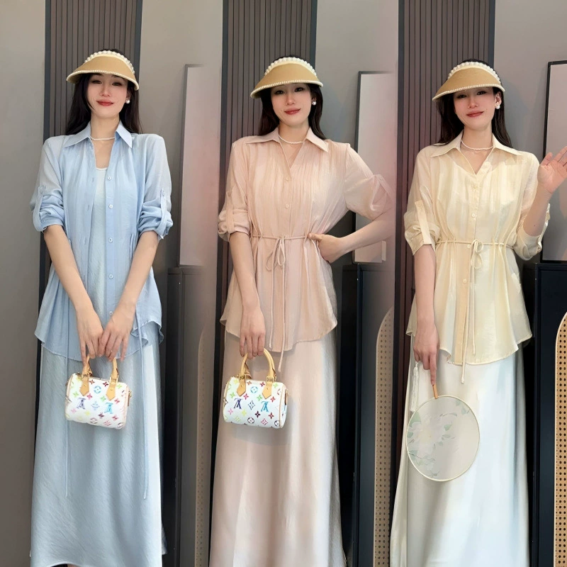 2025 Весна-Лето Новый Корейский Стиль Модное Платье-комбинезон с Узкой Талией и Рюшами Двухсоставной Набор для Женщин