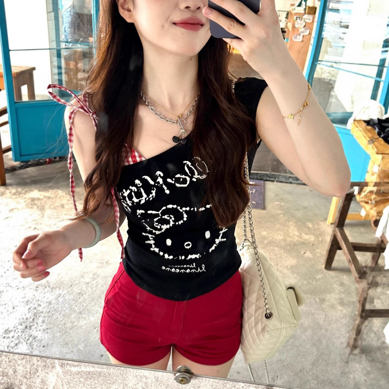 New Plaid Splicing Kitty Slanted Shoulder Vest T-Shirt Women's Summer New Design Niche Off-Shoulder Top