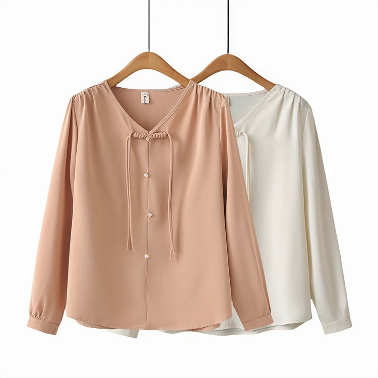 2024 Весна Новый Топ больших размеров, модная Облегающая рубашка в национальном стиле с V-образным вырезом и пряжкой, с длинным рукавом, нижняя рубашка 240