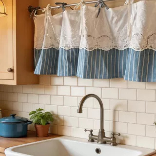 Blue and White Morning Light~Exquisite French-Style Retro Lace-Up Half Curtain, Kitchen Small Window Curtain, Cabinet Cover Curtain, No Drilling Required Blue and White Morning Light~Exquisite French-Style Retro Lace-Up Half Curtain, Kitchen Small Window Curtain, Cabinet Cover Curtain, No Drilling Required