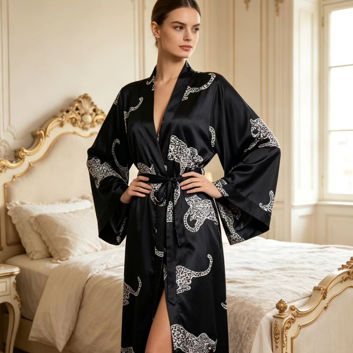 Directly from the Source Factory, Long-Sleeved Robe with Lace-Up Leopard Print Ice Silk Dressing Gown, Nightgown, Loungewear for Women