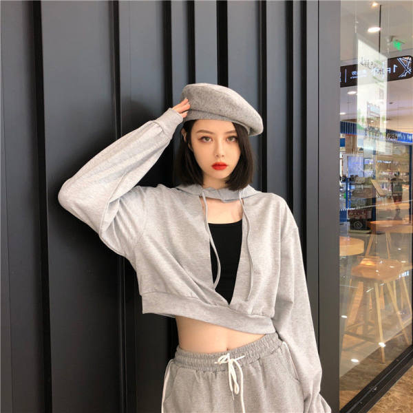 欧货V领百搭卫衣女秋冬ins超火外套薄款宽松慵懒风bf连帽上衣服潮