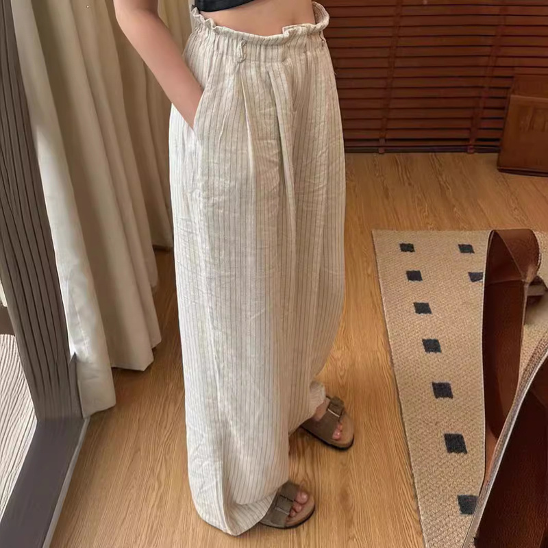 Summer Loose Pants Linen High Waist Elastic Comfortable Breathable Wide Leg Pants Women's Slim Stripesd Thin Cotton and Linen Casual Pants