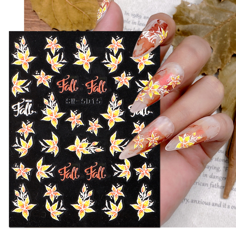 5d relief nail stickers wholesale little red book nail stickers autumn maple leaf dandelion Tulip nail stickers