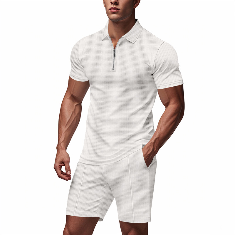 Summer Polo Men's Suit Loose Fit Zip Up Short Sleeved American Waffle Clothing For Men Shorts Included_voghion.com