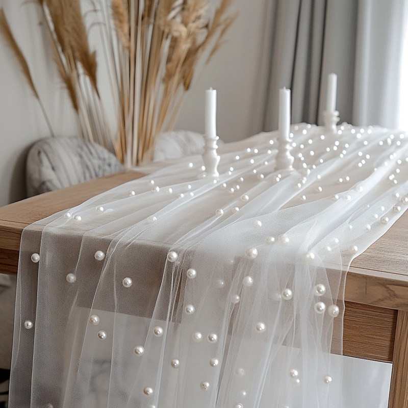 Cross-Border Amazon Outdoor Wedding Table Flag Pearl Tulle Holiday Party Wedding Party Decoration Home Table Flag