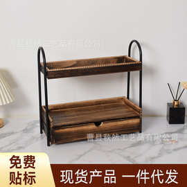 跨境双层置物架木质带抽屉整理架桌面玄关中古风香水化妆品收纳架