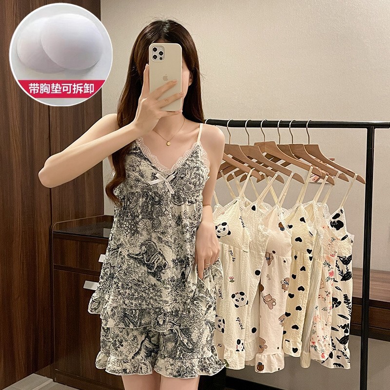 Pajamas for Women Summer New Style Suspenders Cartoon Cute Printed Home Clothes Pullover Foreign Style Loose Casual Shorts Thin Style