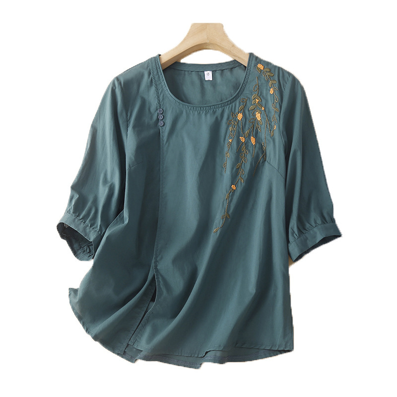 Three-quarter sleeve literary retro cotton and linen top for women…