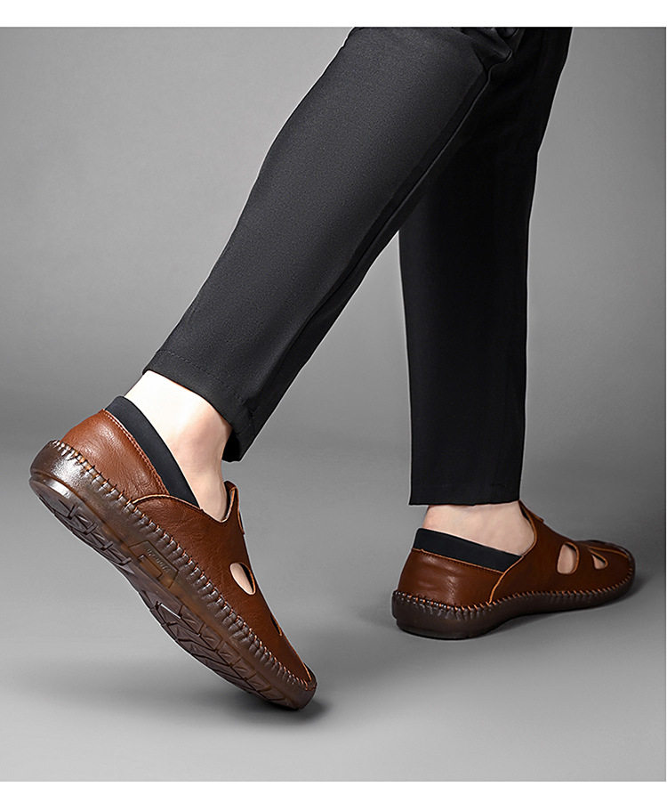 Giày sandal da nam thủ công đan dây, thoáng khí khoét lỗ, kiểu bao đầu — Màu kaki, màu đen chi tiết 14