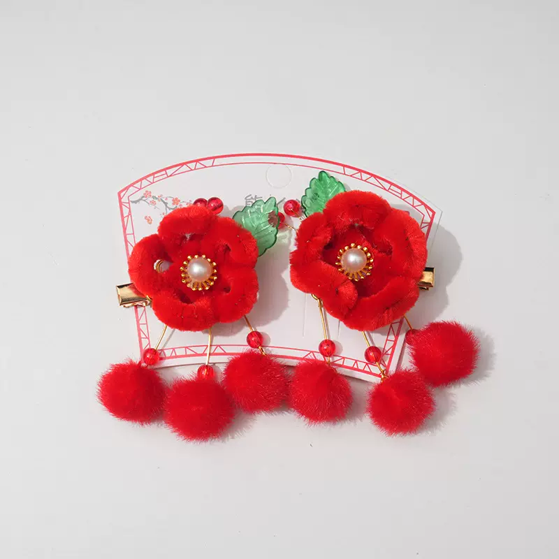 儿童新年红色中国风花朵发夹女童汉服头饰宝宝过年蝴蝶结流苏发卡