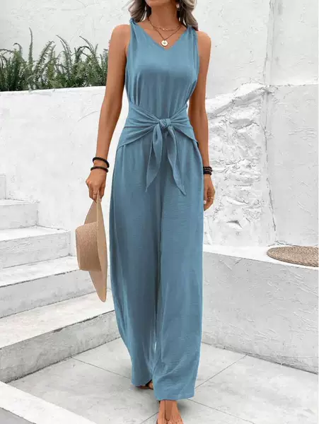 2025 European and American Cross-border Women's New Foreign Trade V-neck Wide-leg Jumpsuit Sleeveless Kink Vest Jumpsuit