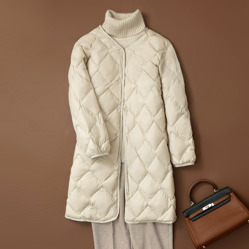 [Yichen] 25 Winter Pinghu Solid Color Lightweight down Jacket for Women, Mid-Length, Warm White Duck down Coat with Quilted Inner Lining