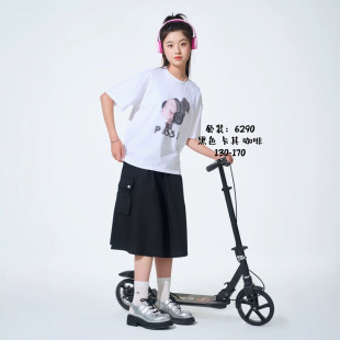 Girls' Cargo Skirt 2025 Spring Style Kidsren's Pure Cotton Slimming Look A-Line Skirt Medium and Large Kidsren's Style Pure Color Short Skirt