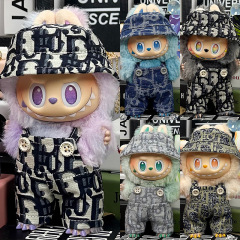 仅衣服适用一二三代拉布布Labubu17厘米娃衣渔夫帽背带裤牛仔套装