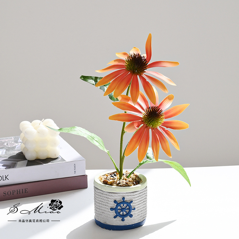 Nuevo estilo transfronterizo de dos cabezas de equinácea pequeño bonsái decoración de estudio fotográfico de hogar creativo decoración de planta verde artificial simulación en maceta image 4