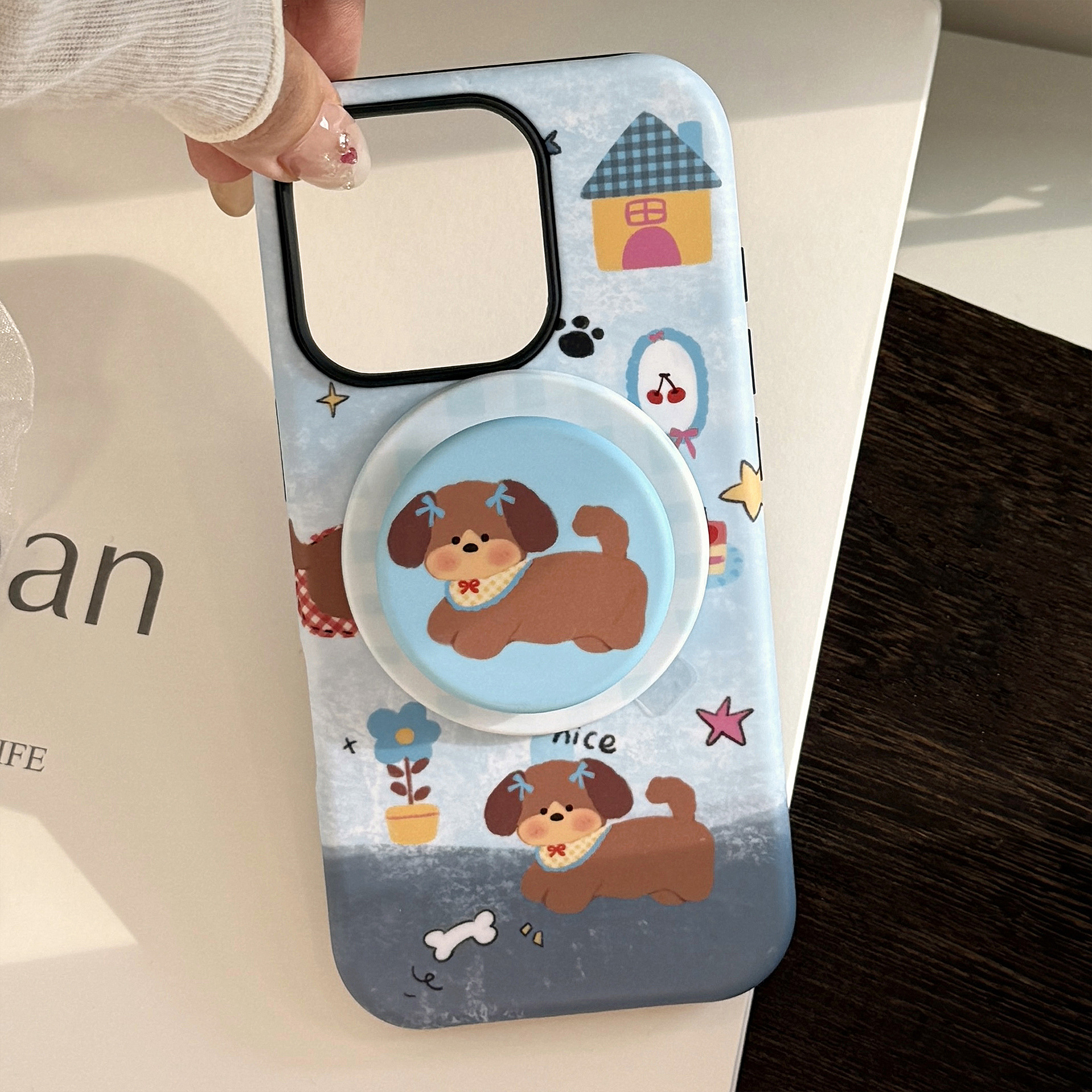 Cover telefono magnetica con supporto cucciolo iphone blu_voghion.com