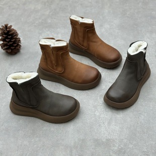 Fur One Genuine Leather Cotton Boots 24 Winter New Vintage Handmade Round Head Thick Bottom Thick Thick Warm Wool Women's Boots